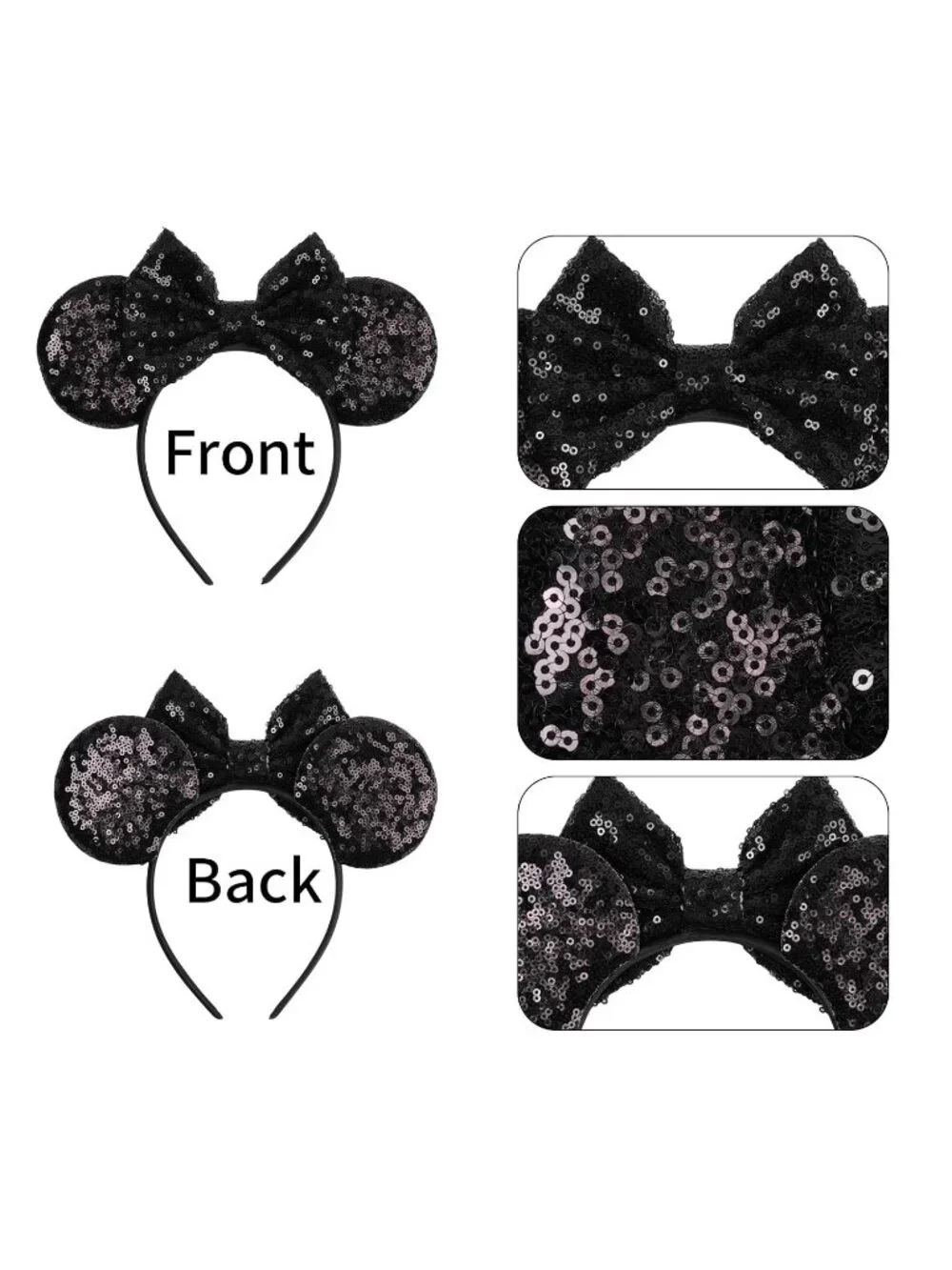 Women Black-a Polyester Sparkle Sequins Mickey Mouse Hair Bow Handmade Headband